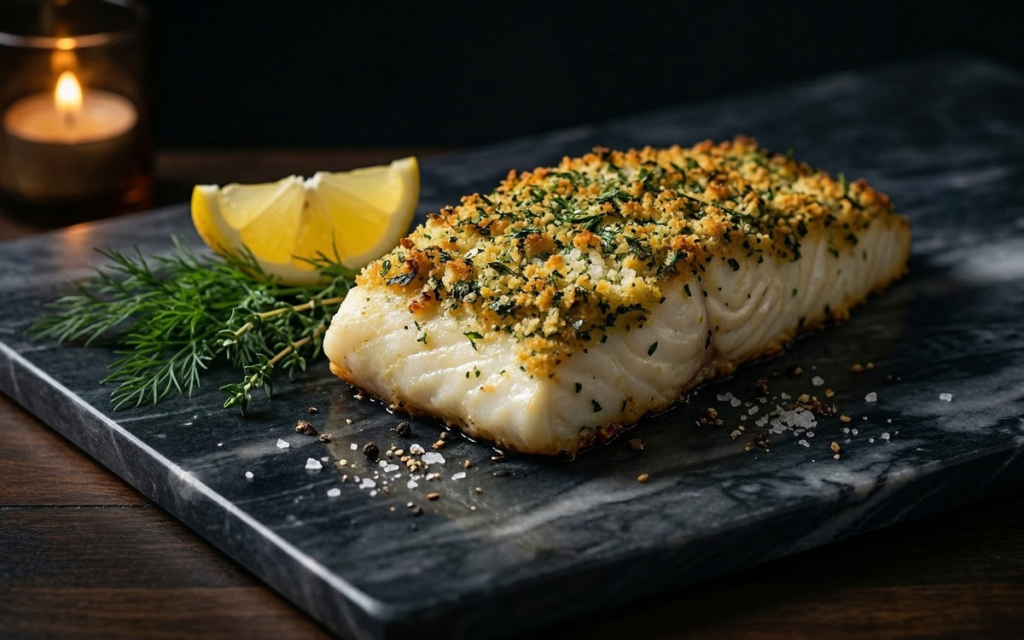 Pan-Seared Alaskan Halibut with Herb Crust